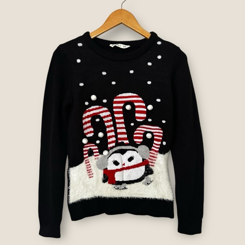 Bluenotes Black Knit Christmas Candy Cane Penguin Sweater